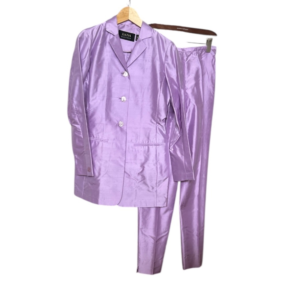 Dana Buchman Vintage 90s Y2K 100% Silk Dupiani Jacket Pants Suit Lilac 2/4